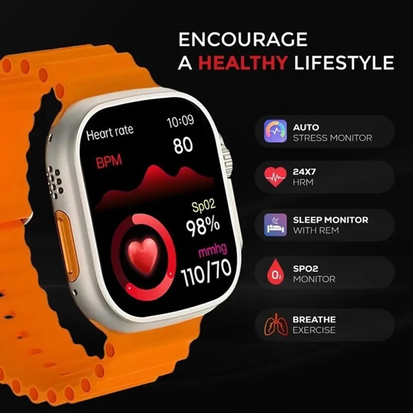 CHG T800 Orange Smartwatch Bluetooth Calling | 1.99” HD Display | Fitness Tracker | Heart Rate & SpO2 Monitor | Sports Smart Watch for Men & Women | Android & iOS Compatible