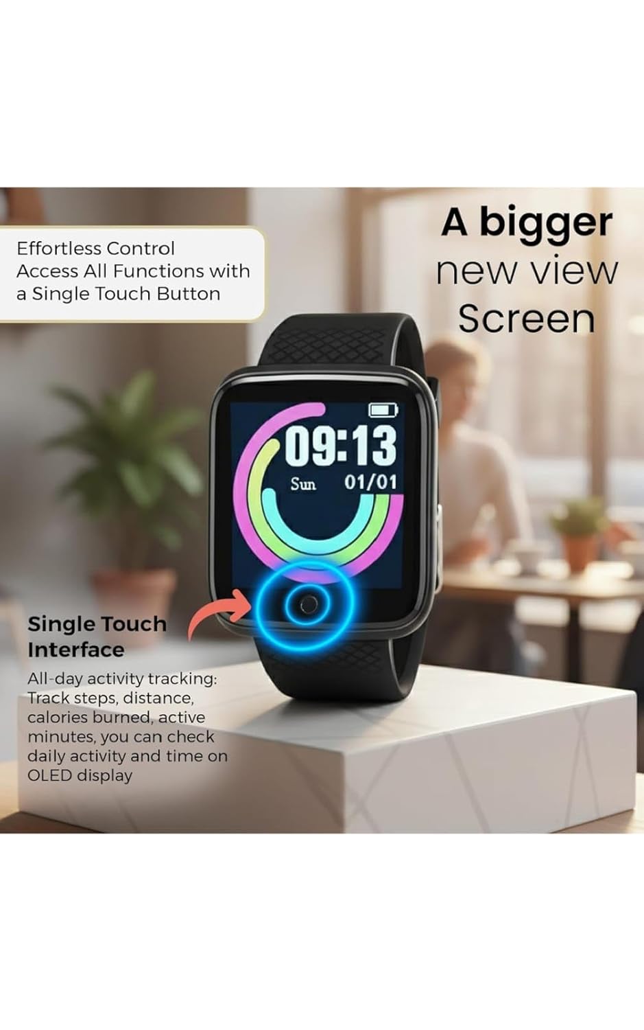 TRUEBLUE Smartwatch with Heart Rate Monitor, Step Counter, Temperature Display, Black Silicone Band