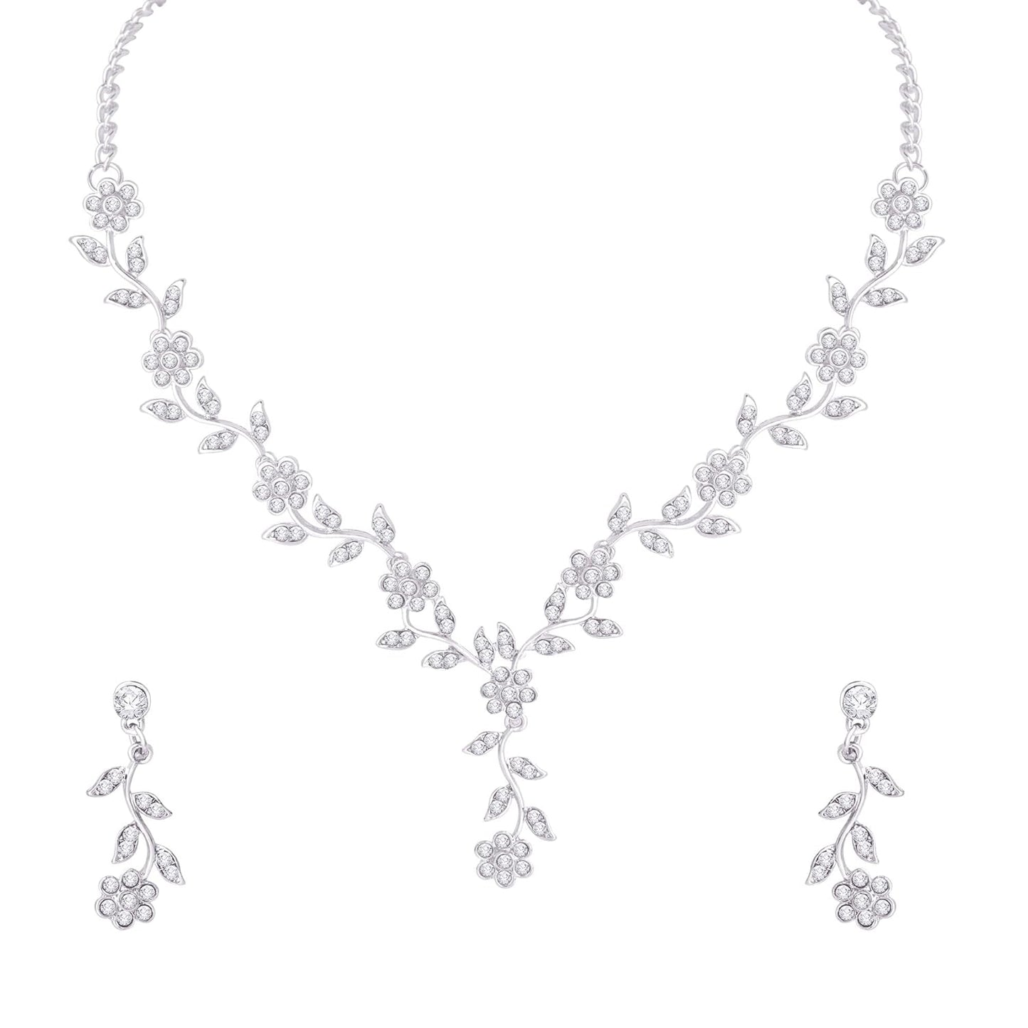 Atasi International American Diamond Style Silver Plated Necklace with Earrings Jewellery Set for Women – Perfect for Party, Wedding, and Engagement