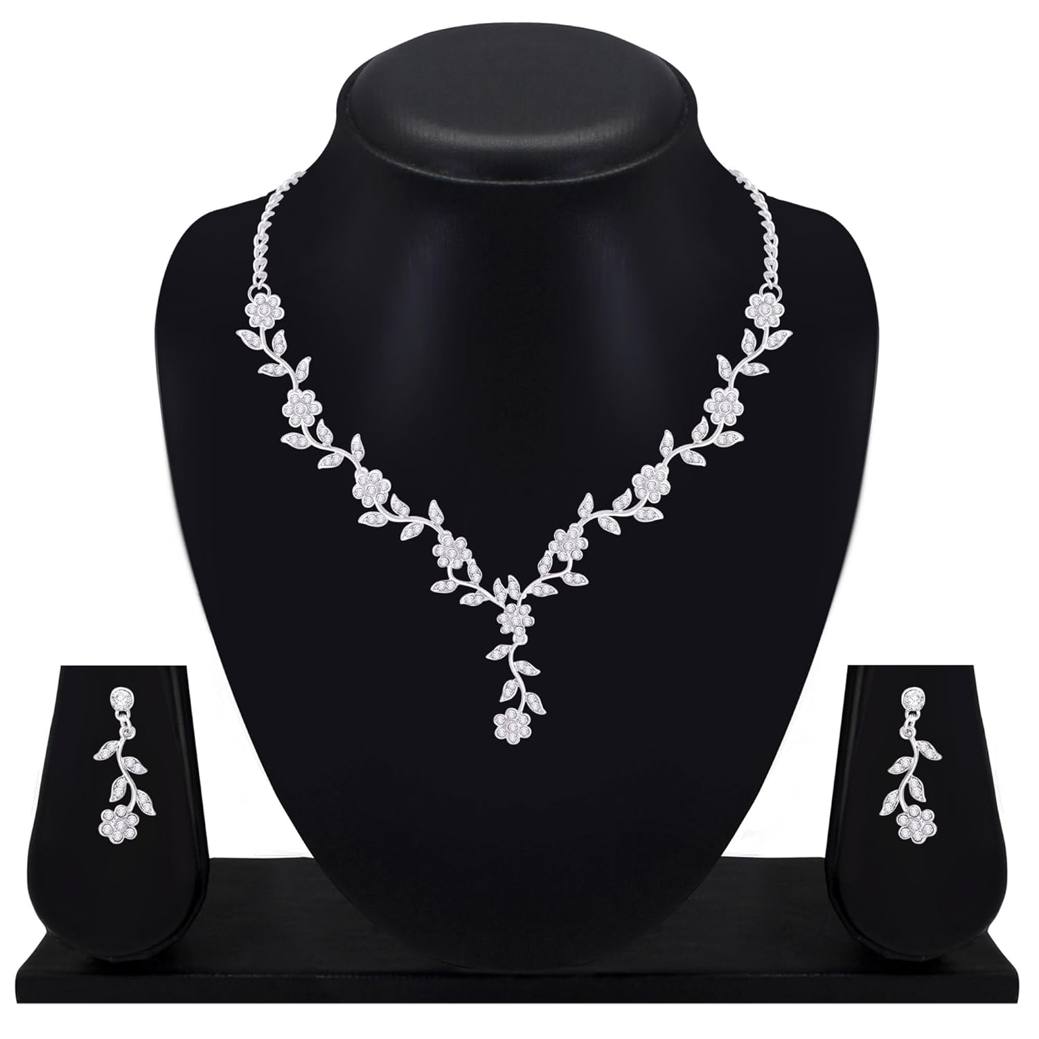 Atasi International American Diamond Style Silver Plated Necklace with Earrings Jewellery Set for Women – Perfect for Party, Wedding, and Engagement