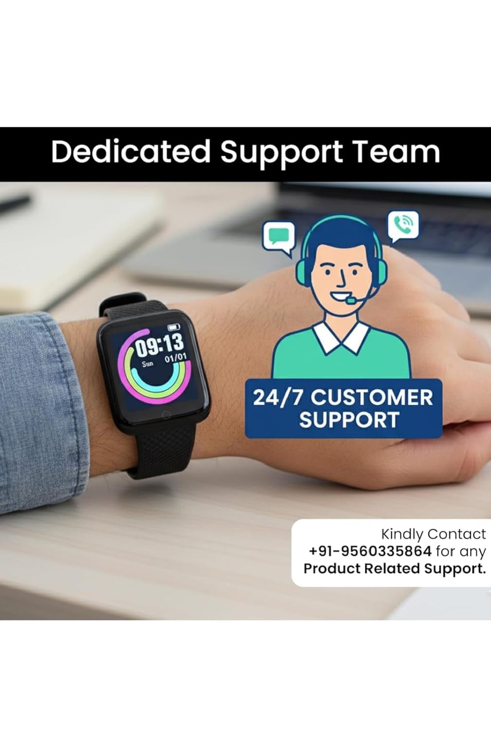 TRUEBLUE Smartwatch with Heart Rate Monitor, Step Counter, Temperature Display, Black Silicone Band