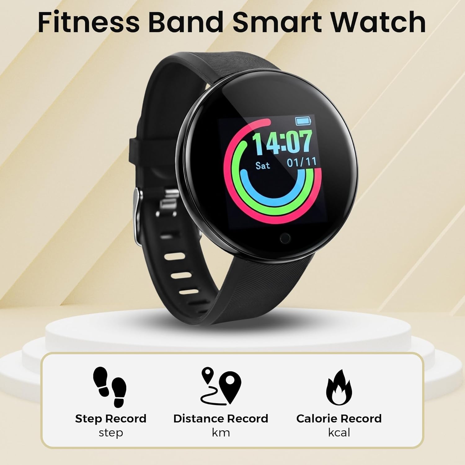 Bouncefit M I D18 Round Fitness Band Smart Watch for Men, Women, Boys, Girls, Kids – Single Touch Interface, Water Resistant, Workout Modes, Quick Charge Sports Smartwatch – Black (GG)