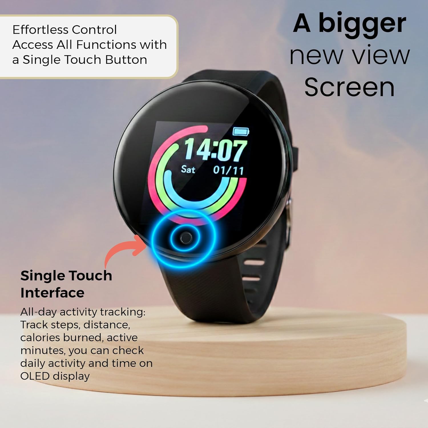 Bouncefit M I D18 Round Fitness Band Smart Watch for Men, Women, Boys, Girls, Kids – Single Touch Interface, Water Resistant, Workout Modes, Quick Charge Sports Smartwatch – Black (GG)
