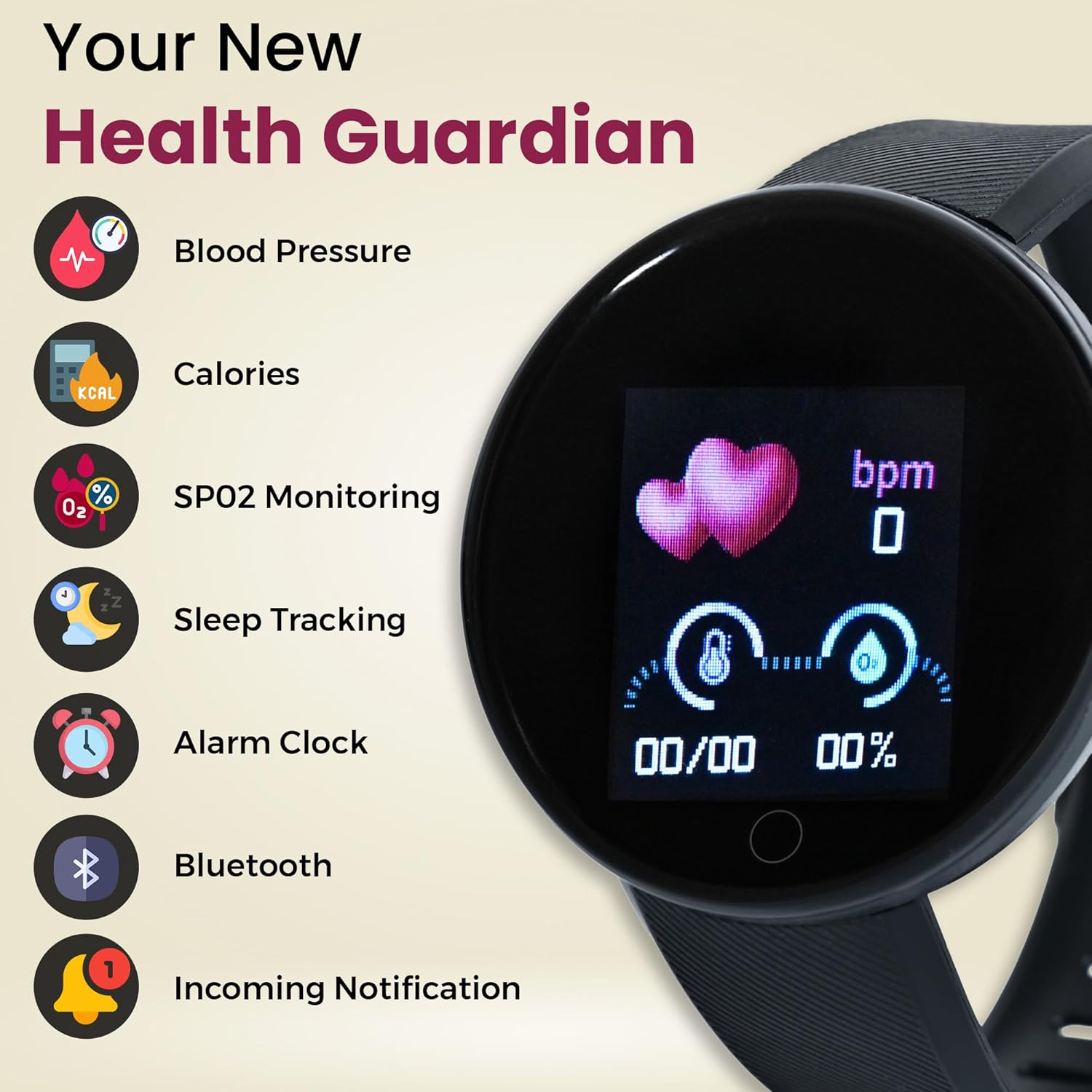 Bouncefit M I D18 Round Fitness Band Smart Watch for Men, Women, Boys, Girls, Kids – Single Touch Interface, Water Resistant, Workout Modes, Quick Charge Sports Smartwatch – Black (GG)